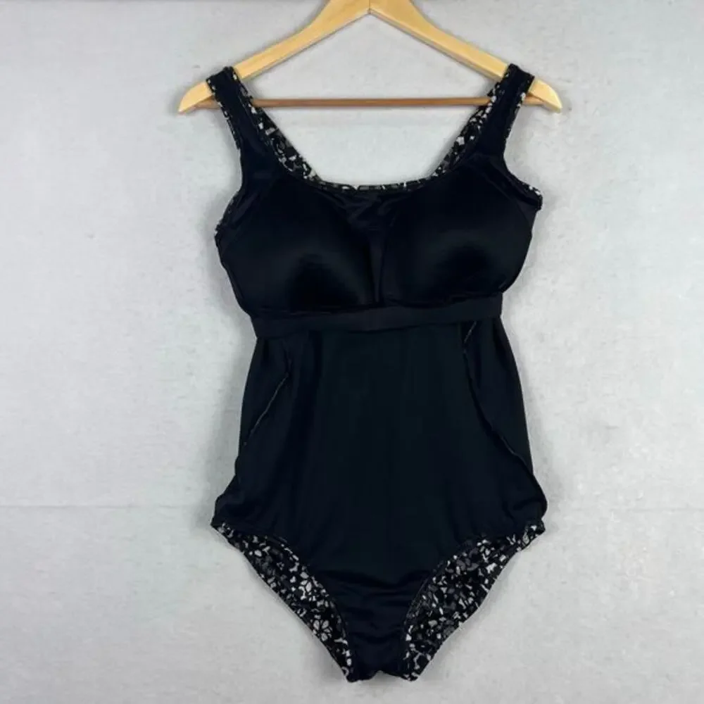 LANDS END 10 D Black Gray Slimming Scoop Neck Padded Women's‎ One Piece Swimsuit